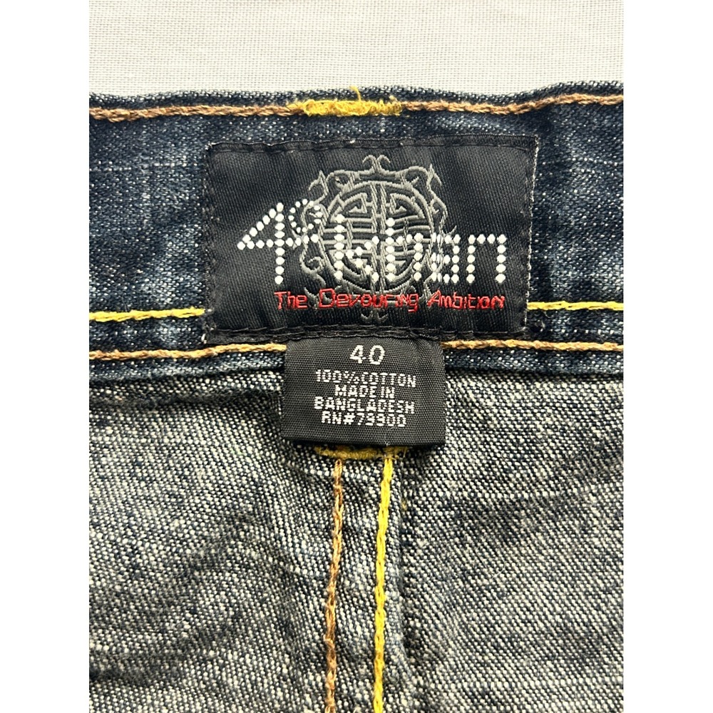 Akademiks Khan Men 40 Dark Wash Denim Shorts Baggy Y2K Streetwear Yellow Stitch - Picture 6 of 9